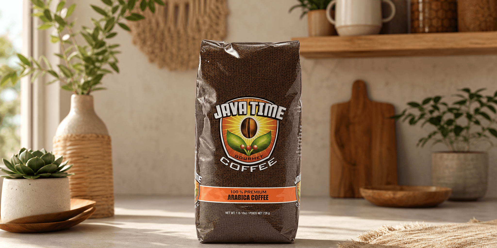 A bag of Java Time coffee on a bright modern kitchen counter