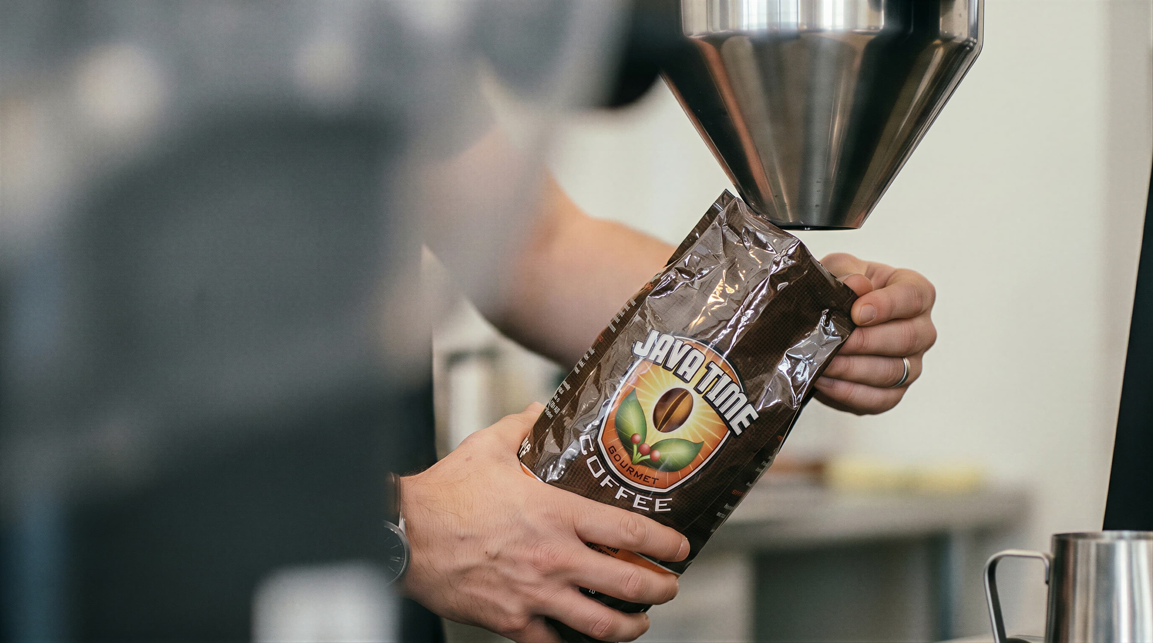 A bag of Java Time coffee being prepared