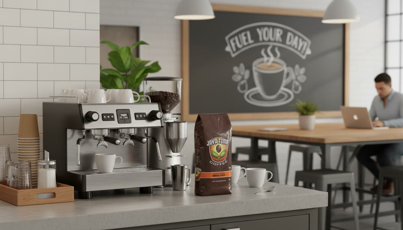 A bag of Java Time coffee on an office counter next to an espresso machine