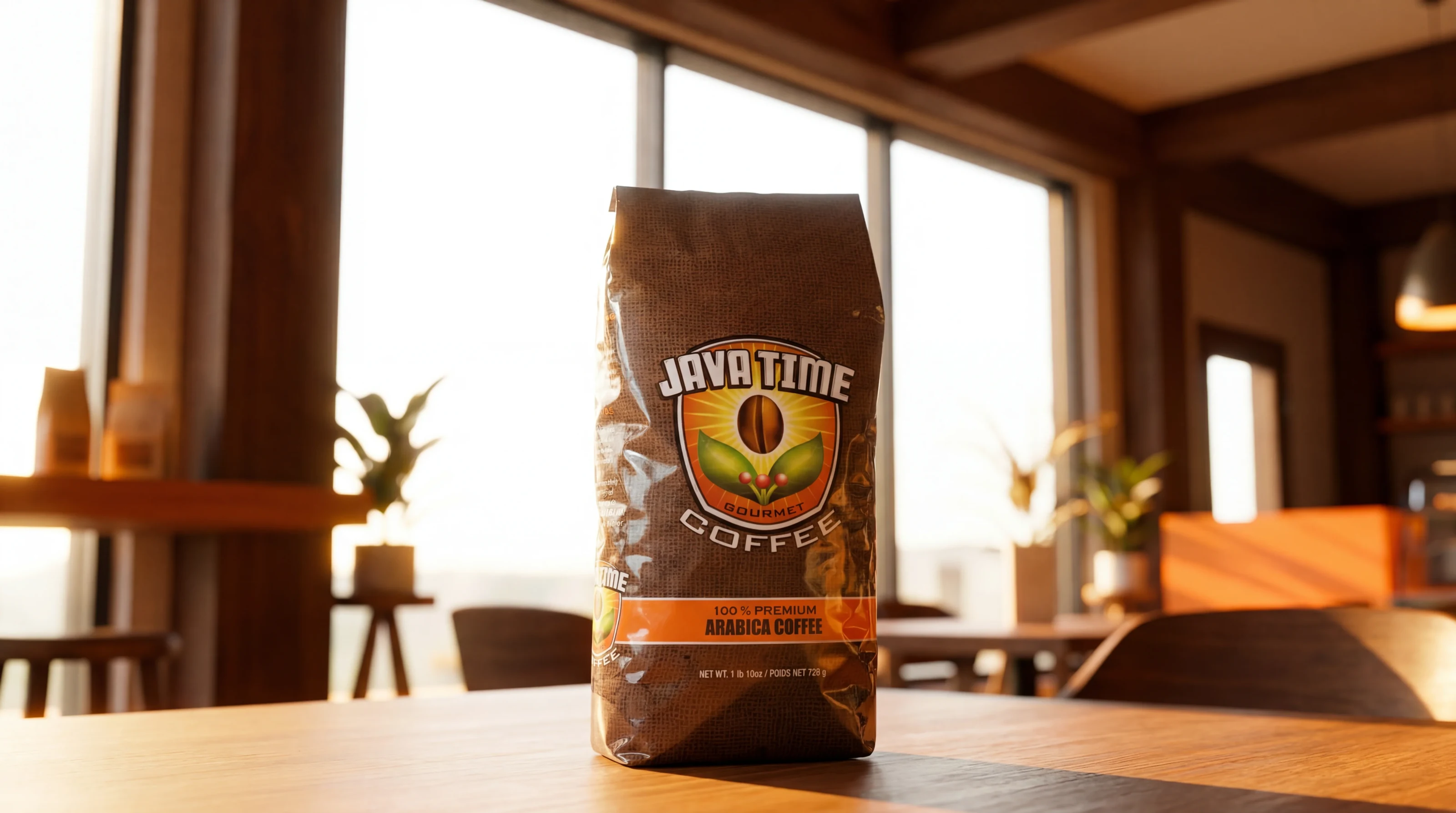 A bag of Java Time Gourmet Coffee glowing in warm window light
