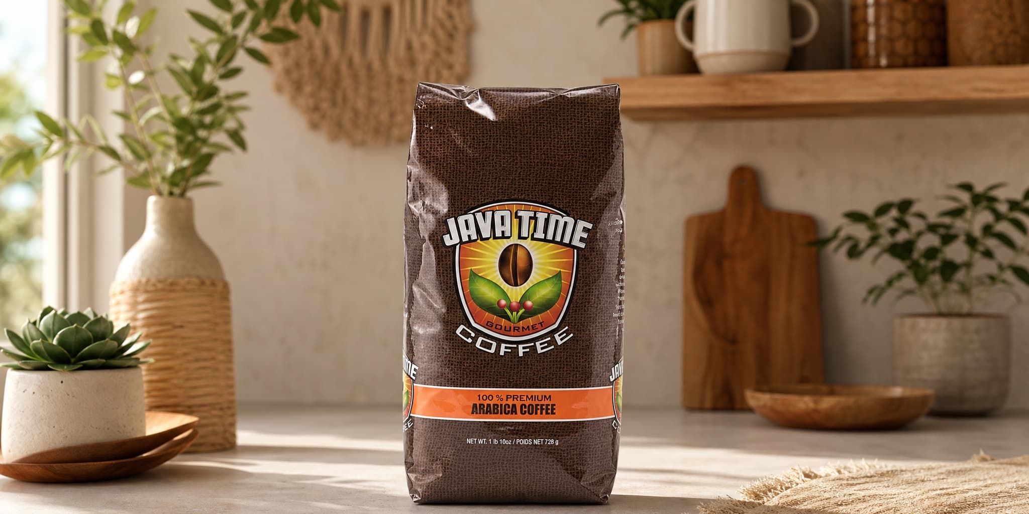 A bag of Java Time coffee on a bright kitchen counter among plants