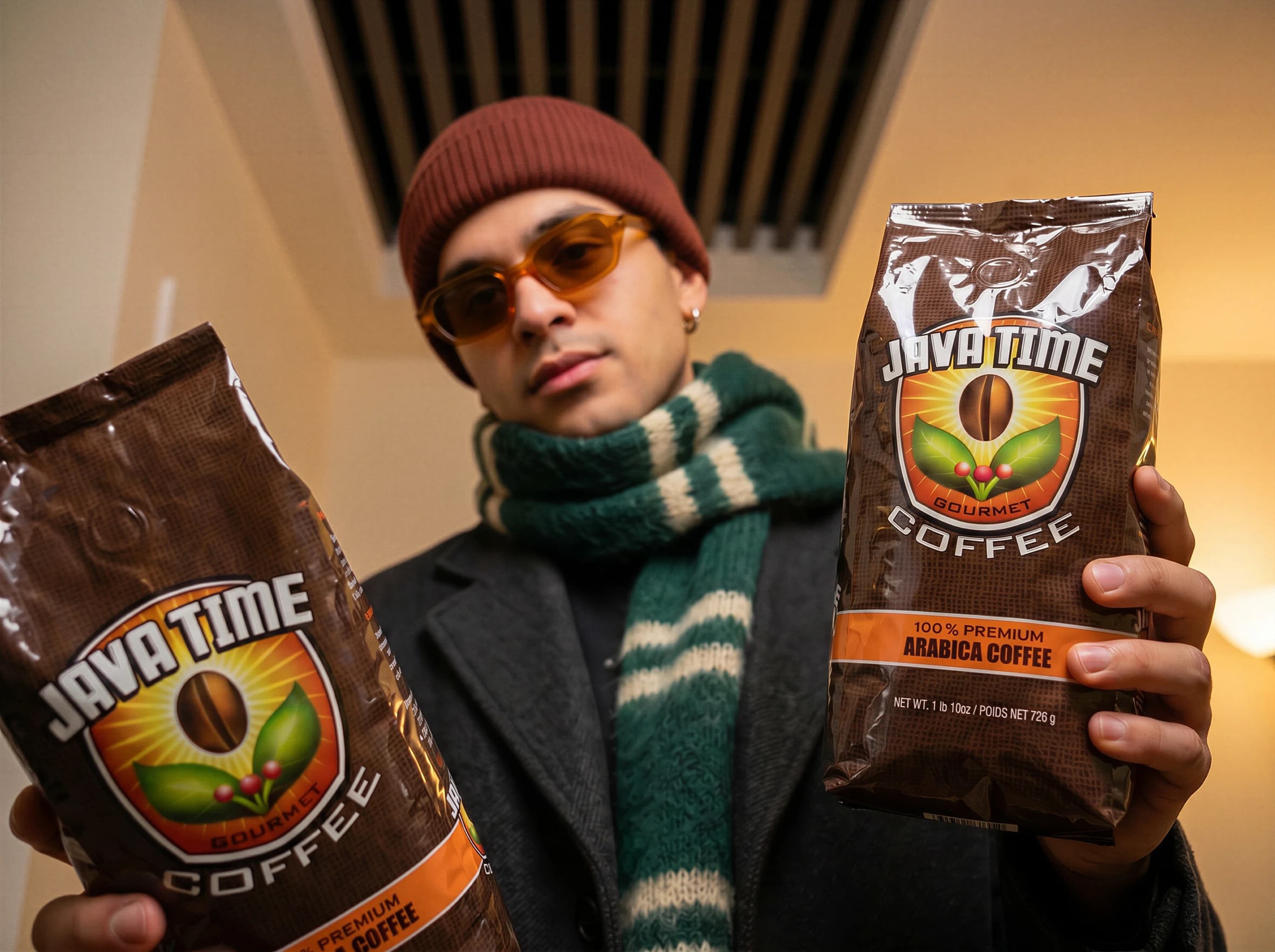 A person holding up two bags of Java Time coffee